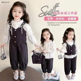 Bộ đồ ba chi tiết denim đính nơ  cho bé gái-sỉ 302k