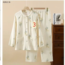 Bộ đồ ngủ bà bầu bằng vải gạc bốn lớp cotton nguyên chất-Giá sỉ 428k