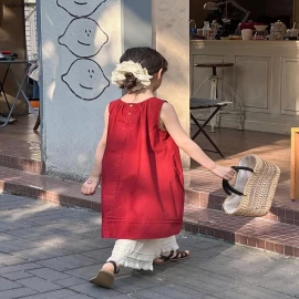 Đầm cotton không tay đỏ cho bé gái nhà AMBB-Giá sỉ  Sz 90-150 : 194k Sz 160 : 207k sz 170 :  225k