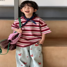 ÁO THUN KẺ MIX JEANS THÊU CÚN Giá sỉ  áo : 155k quần : 220k