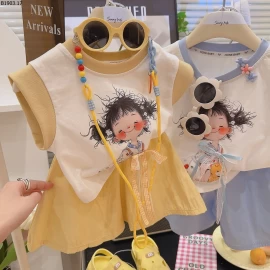 Bộ áo và quần váy bằng vải cotton nguyên chất cho bé gái giá sỉ 105k