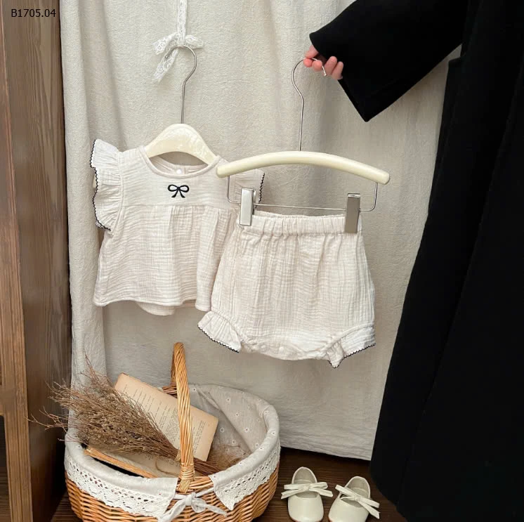 SET ÁO SÁT NÁCH THÊU NƠ MIX QUẦN SHORT BÈO  -sỉ 143k