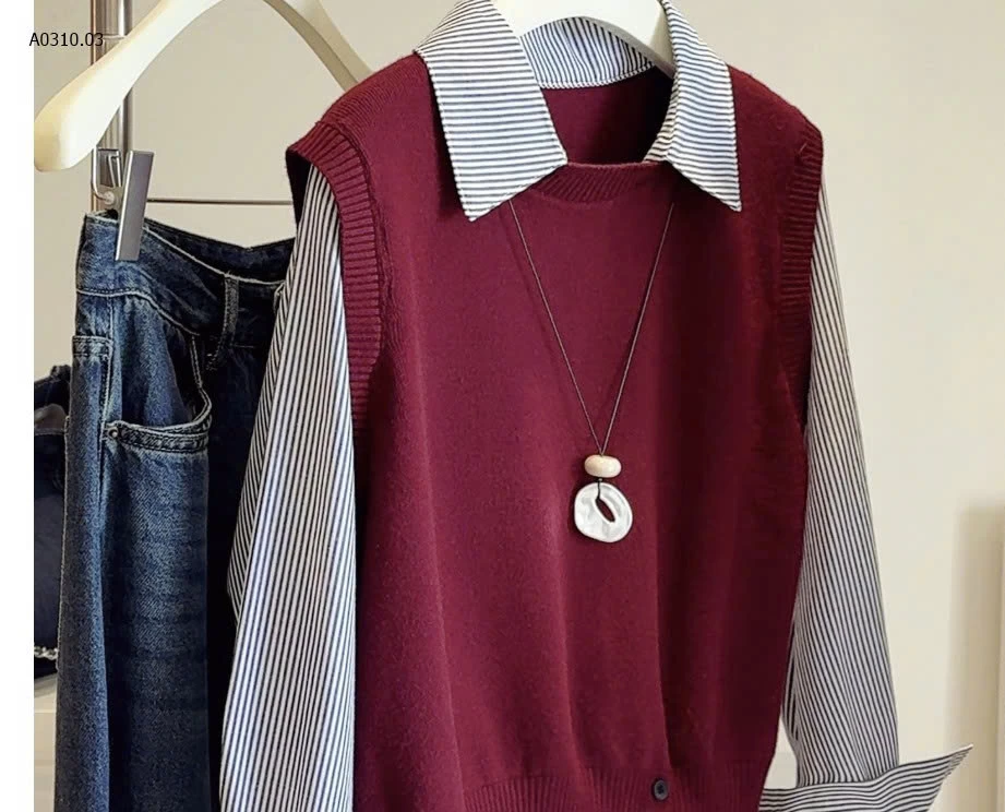 Áo len giả 2 lớp ANNA cổ sơmi phối len - sỉ 243k