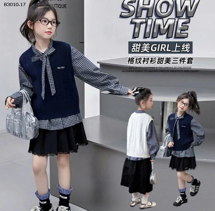 SET VÁY SƠ MI KẺ MIX ÁO GILE BG-Giá sỉ 299k