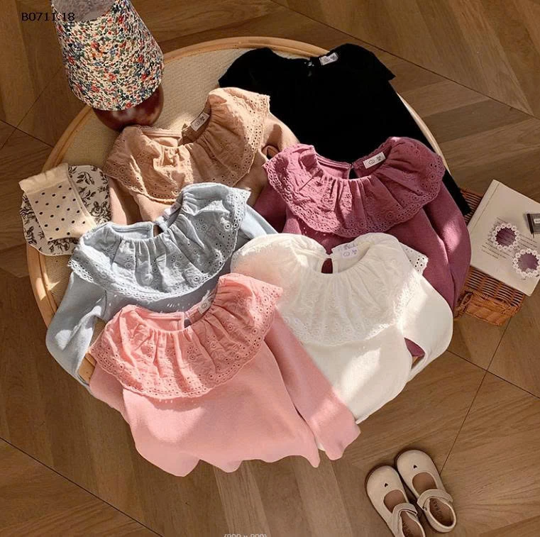 Áo thun cổ nhún ren dài tay công chúa cho bé gái- sỉ 113k