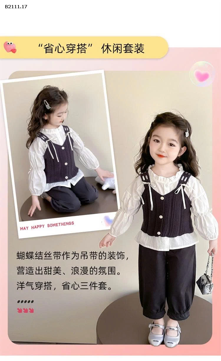 Bộ đồ ba chi tiết denim đính nơ  cho bé gái-sỉ 302k