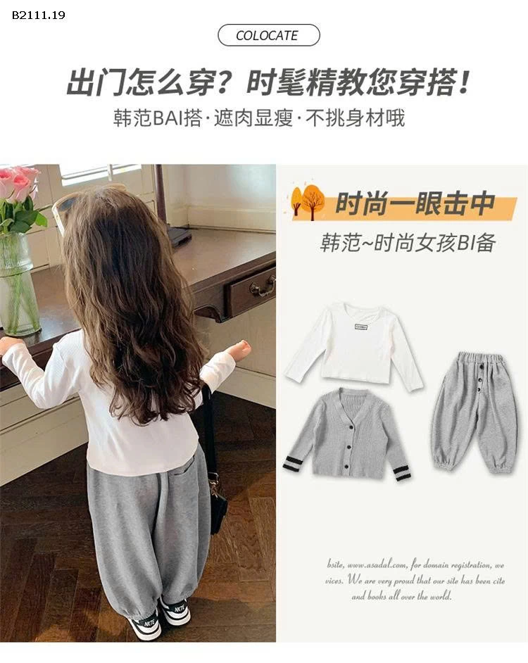 Bộ đồ ba chi tiết áo len cardigan cho bé gái-sỉ 317k