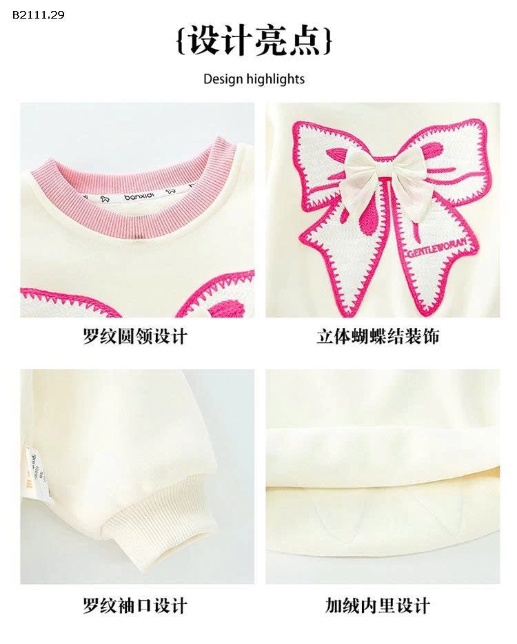 Áo nỉ lông cừu nơ đôi cho bé gáii 2025-sỉ 195k