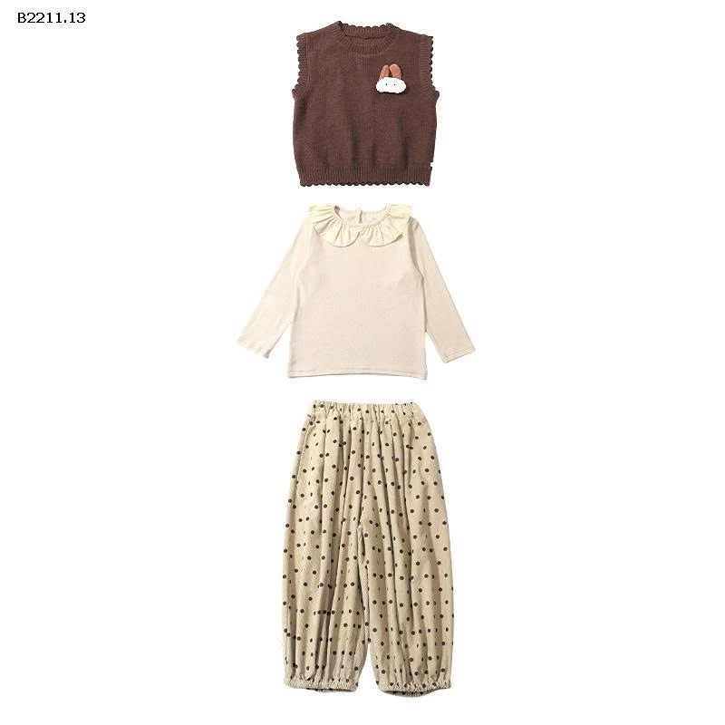 Bộ đồ ba chi tiết chấm bi cho bé gái thu đông- giá sỉ 273k