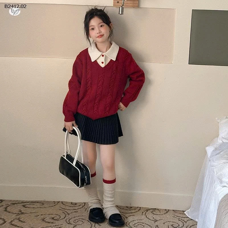 ÁO LEN ĐỎ PHỐI CỔ SƠ MI-Giá sỉ 258k