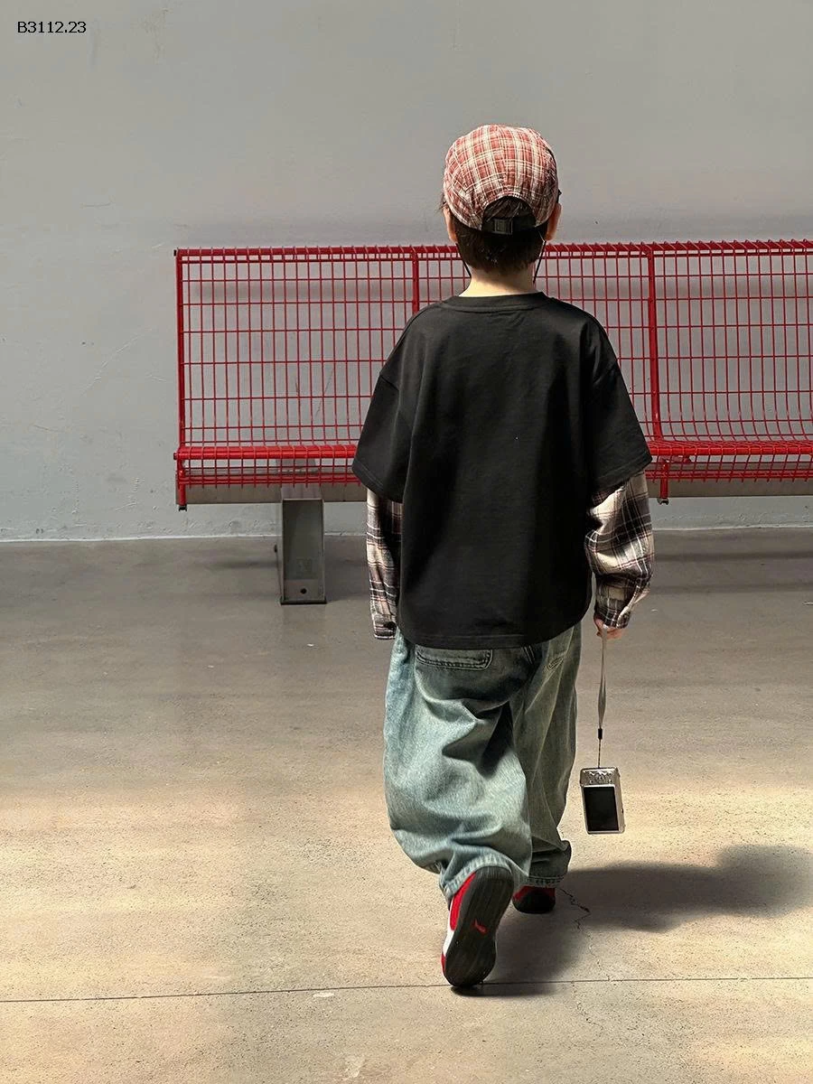 Áo thun tay ngắn kiểu hai mảnh phối họa tiết kẻ caro  Elmo Baby Kids AMBB-Giá sỉ  sz 90-150 : 195k Sz 160 : 210k Sz 170 : 228k