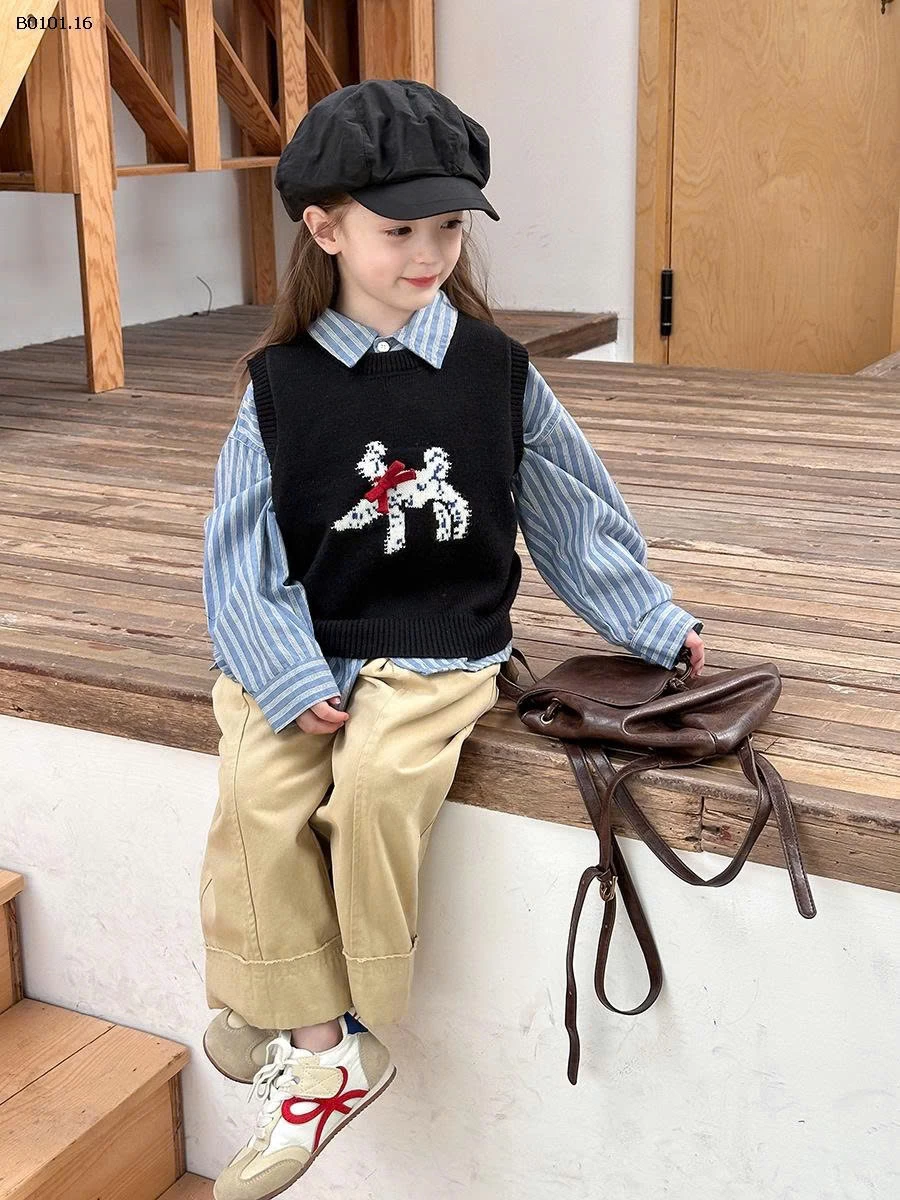 Áo gile len thiết kế nơ 3D và hình chú cún  cho bé nhà  AMBB-Giá sỉ  sz 90-150: 140k sz 160: 153k