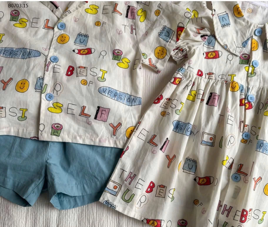 COUPLE SƠ MI HỌA TIẾT-Giá sỉ bộ bé trai giá 178k, váy bé gái giá 178k