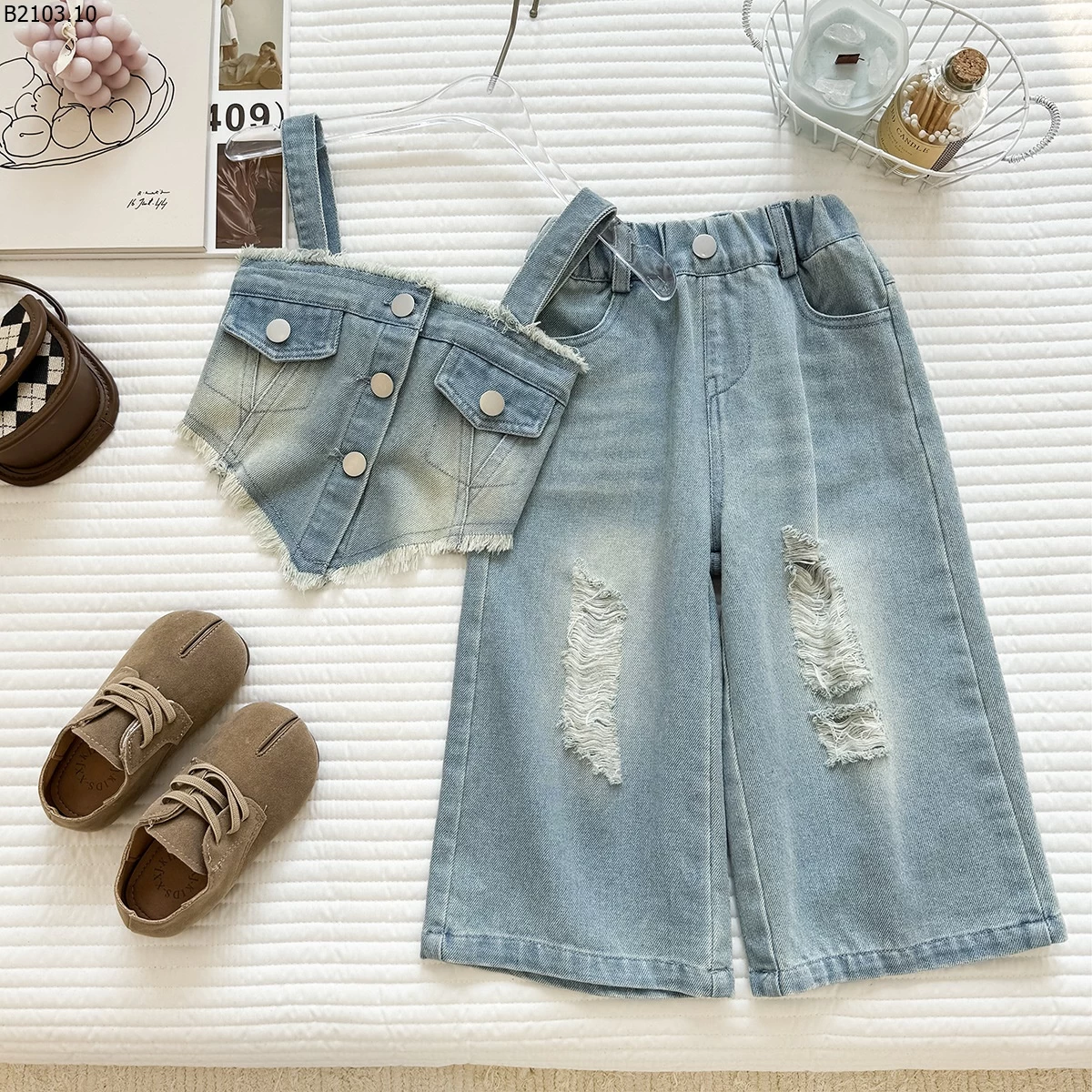 SET ÁO, QUẦN JEANS ỐNG RỘNG BÉ GÁI giá si 263k