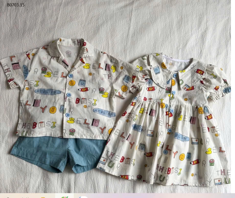 COUPLE SƠ MI HỌA TIẾT-Giá sỉ bộ bé trai giá 178k, váy bé gái giá 178k